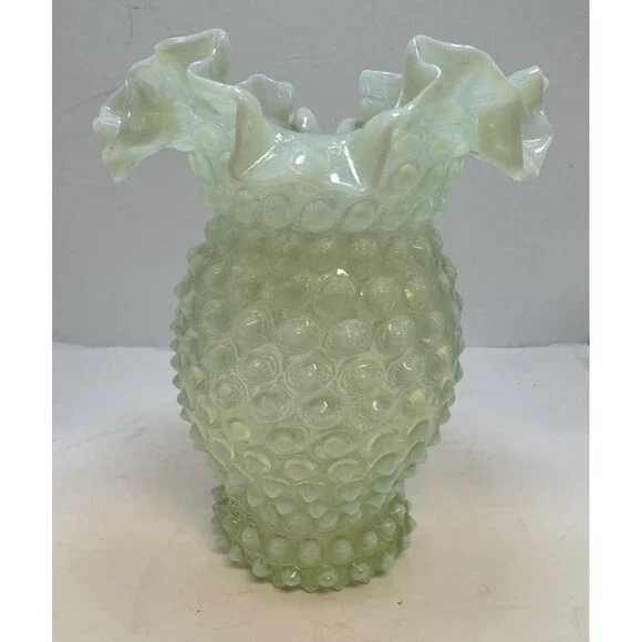 Uranium Fenton Hobnail- 6” Ruffled Flower Vase - Topaz Opalescent - Picture 4 of 6